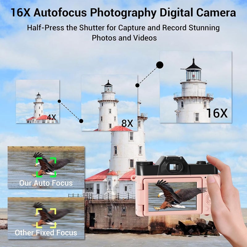 SMARTKLIK Store كاميرا رقمية، FHD 4K 75MP كاميرا فيديو للمدونات مع شاشة قابلة للطي 3'' 180°، بطاقة SD سعة 64GB، زوم رقمي 16x، بطاريتين، كاميرا رقمية للمبتدئين (وردي) - Image 5
